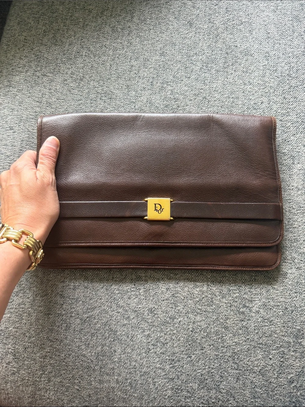 Dior Brown Leather Clutch with Gold Tone Dior Lock